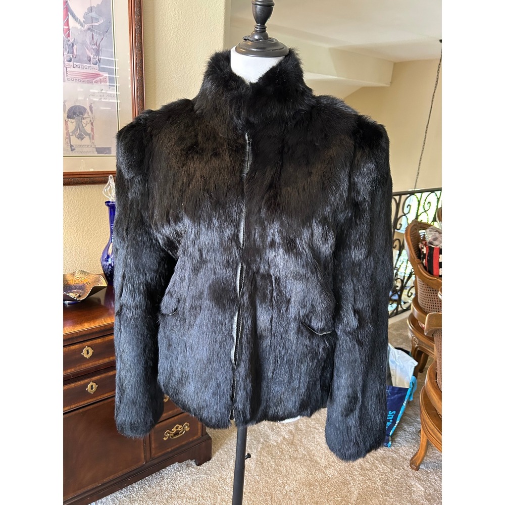 Vintage Wilson Black Dyed Rabbit Fur Jacket Cropped Stand Collar Medium - Picture 4 of 6
